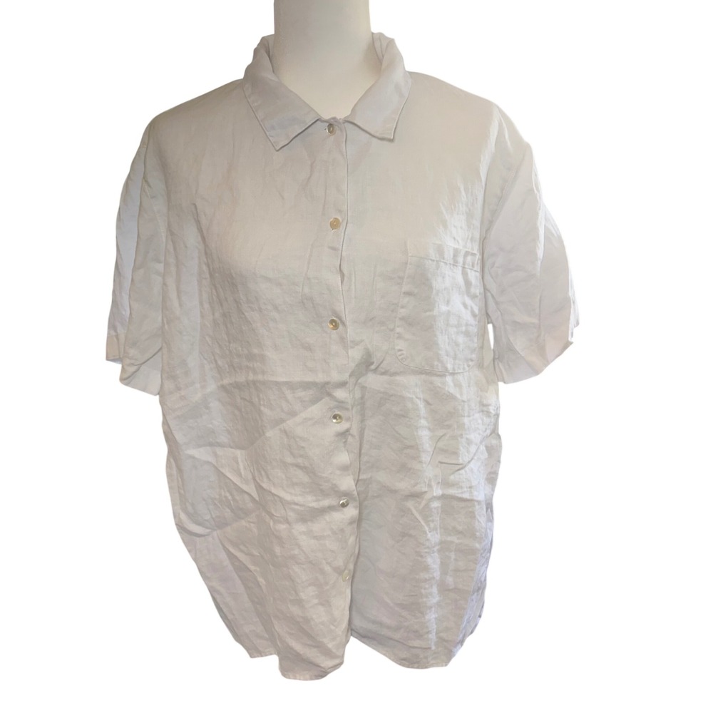 LL Bean Womens XL White 100% Linen Short Sleeve Button Down Shirt Pocket